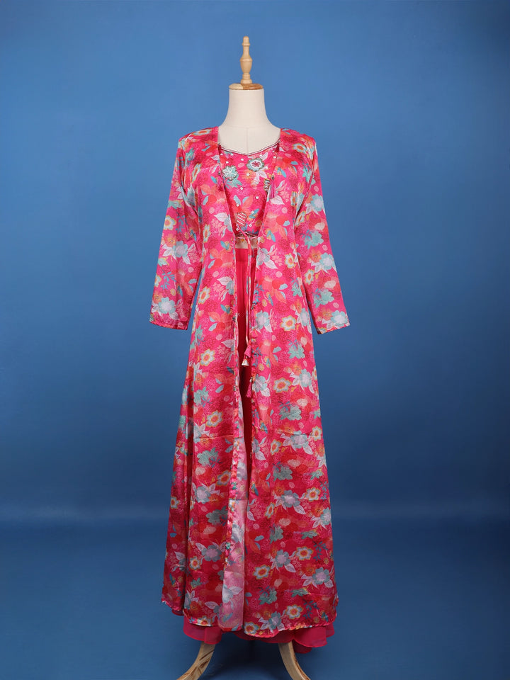 Queen Pink Floral Printed Synthetic Palazzo Salwar Suit and Jacket - Diadem
