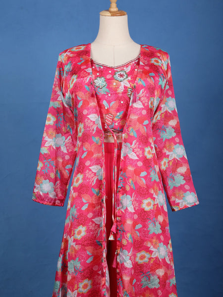 Queen Pink Floral Printed Synthetic Palazzo Salwar Suit and Jacket - Diadem