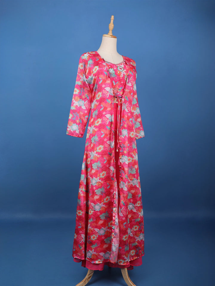 Queen Pink Floral Printed Synthetic Palazzo Salwar Suit and Jacket - Diadem