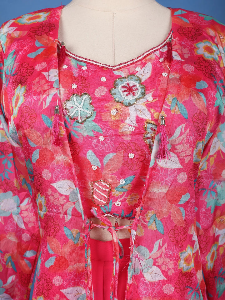 Queen Pink Floral Printed Synthetic Palazzo Salwar Suit and Jacket - Diadem