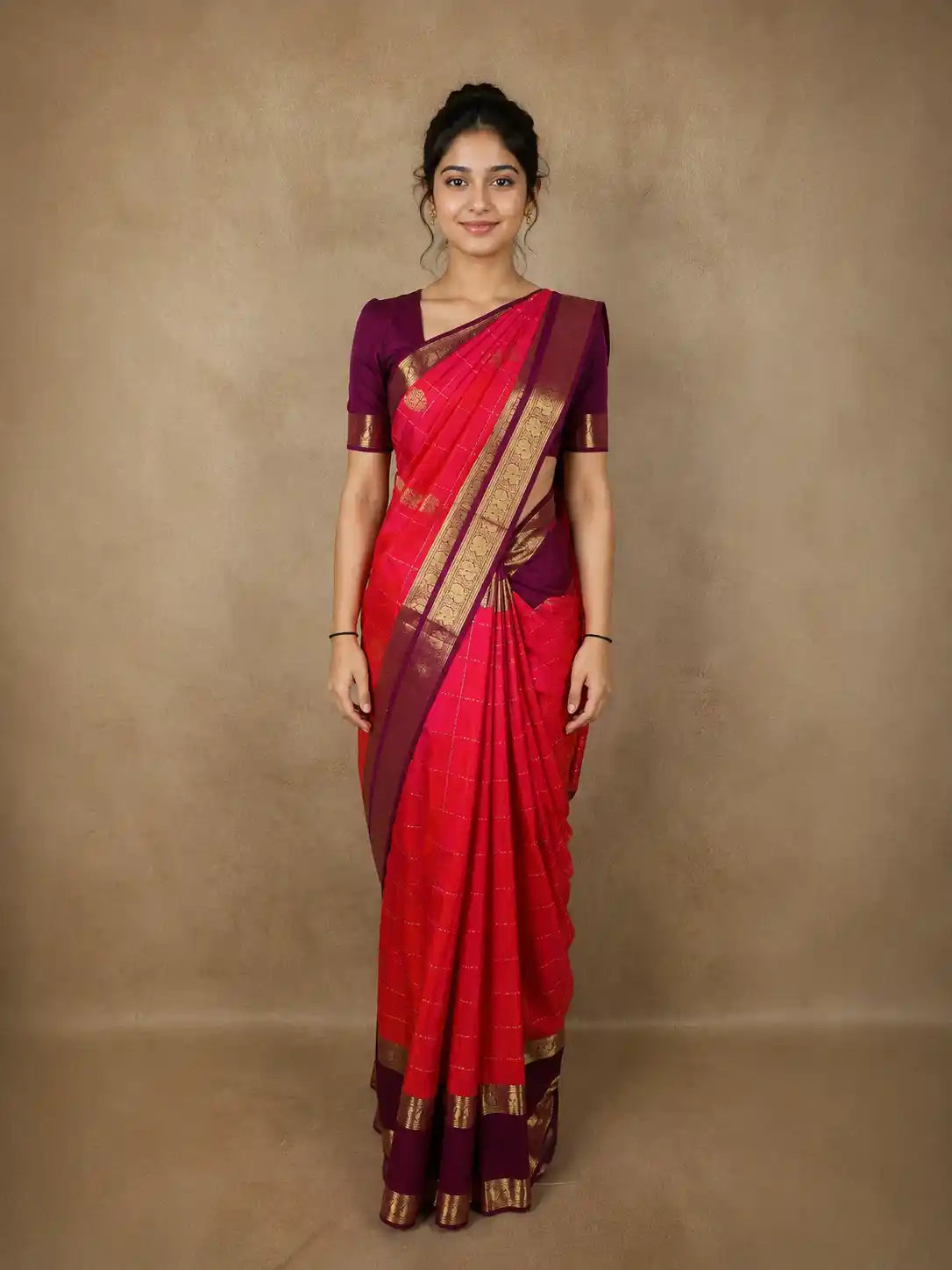 Queen Pink Floral Checked Zari Woven Design Pure Kanchipuram Silk Saree with Contrast Peacock Zari Border