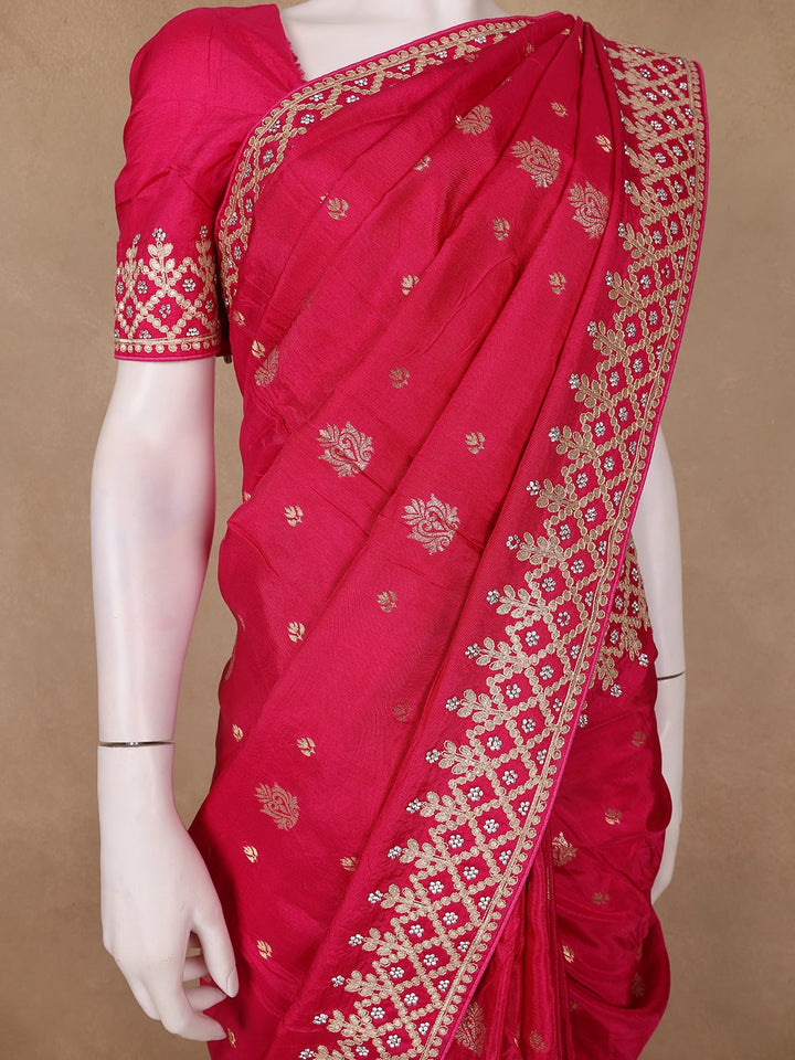 Queen Pink Floral Design Embroidered Georgette Saree - Diadem