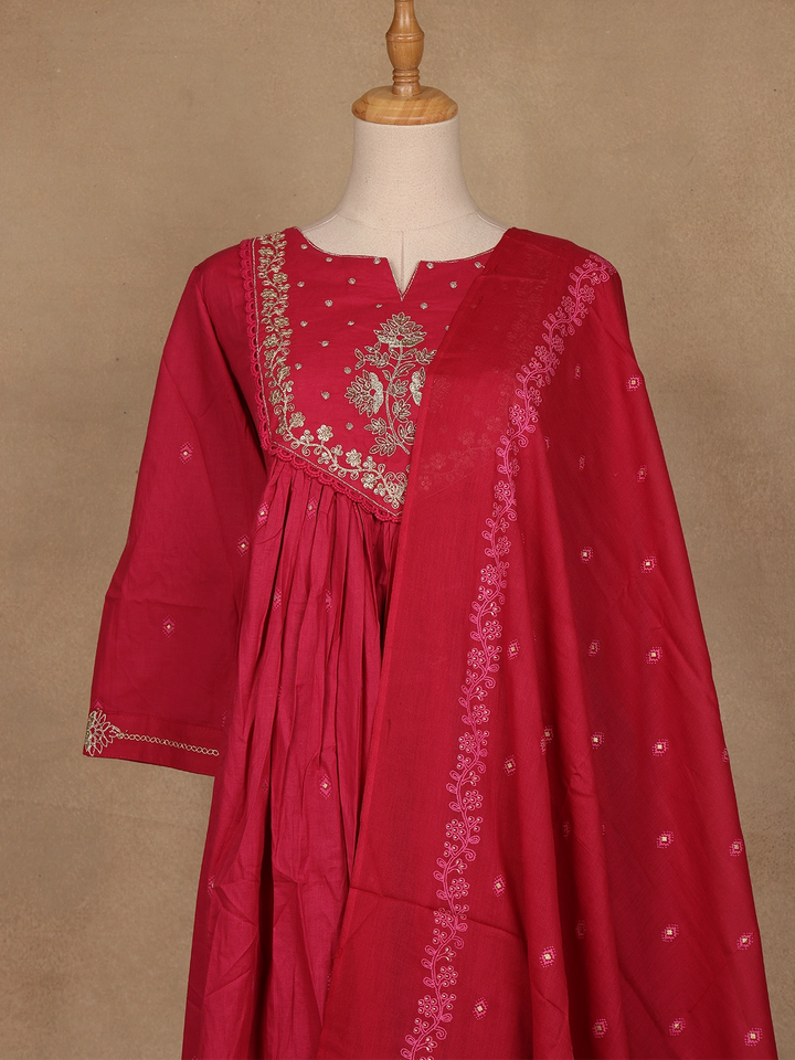 Queen Pink Floral Embroidered Cotton Salwar Suit - Diadem