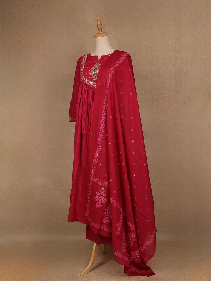 Queen Pink Floral Embroidered Cotton Salwar Suit - Diadem