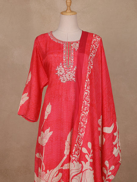 Queen Pink Floral Designed Semi Silk Salwar Suit - Diadem