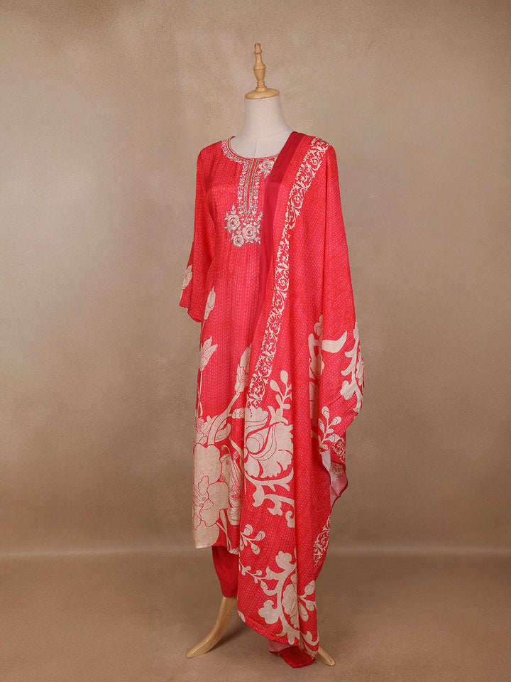 Queen Pink Floral Designed Semi Silk Salwar Suit - Diadem