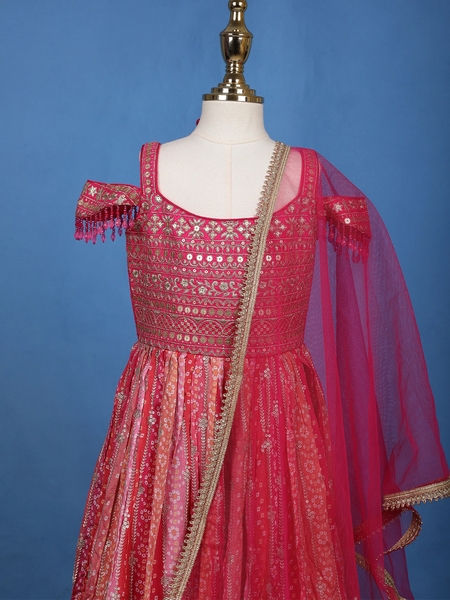 Queen Pink Floral Designed Sequins Banarasi Gown Paired with Dupatta and Pant - Diadem