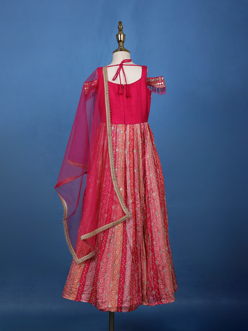 Queen Pink Floral Designed Sequins Banarasi Gown Paired with Dupatta and Pant - Diadem