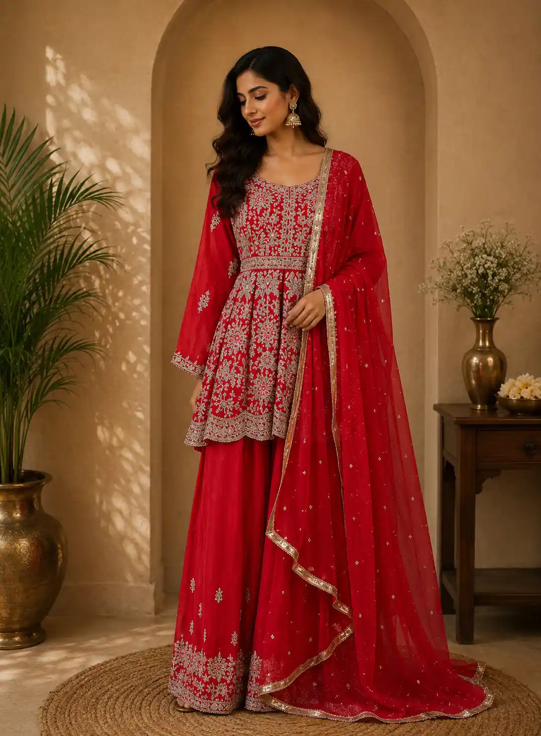 Queen Pink Floral Embroidered Design Georgette Peplum Palazzo Suit with Dupatta