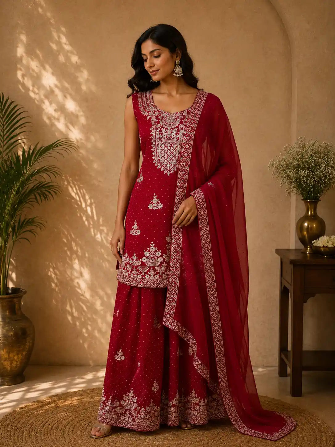 Queen Pink Floral Embroidered Design Organza Palazzo Suit with Dupatta