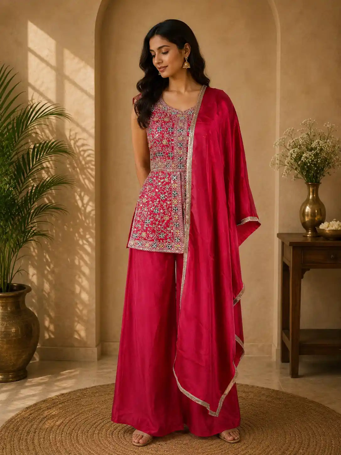 Queen Pink Floral Embroidered Design Silk Palazzo Suit with Dupatta