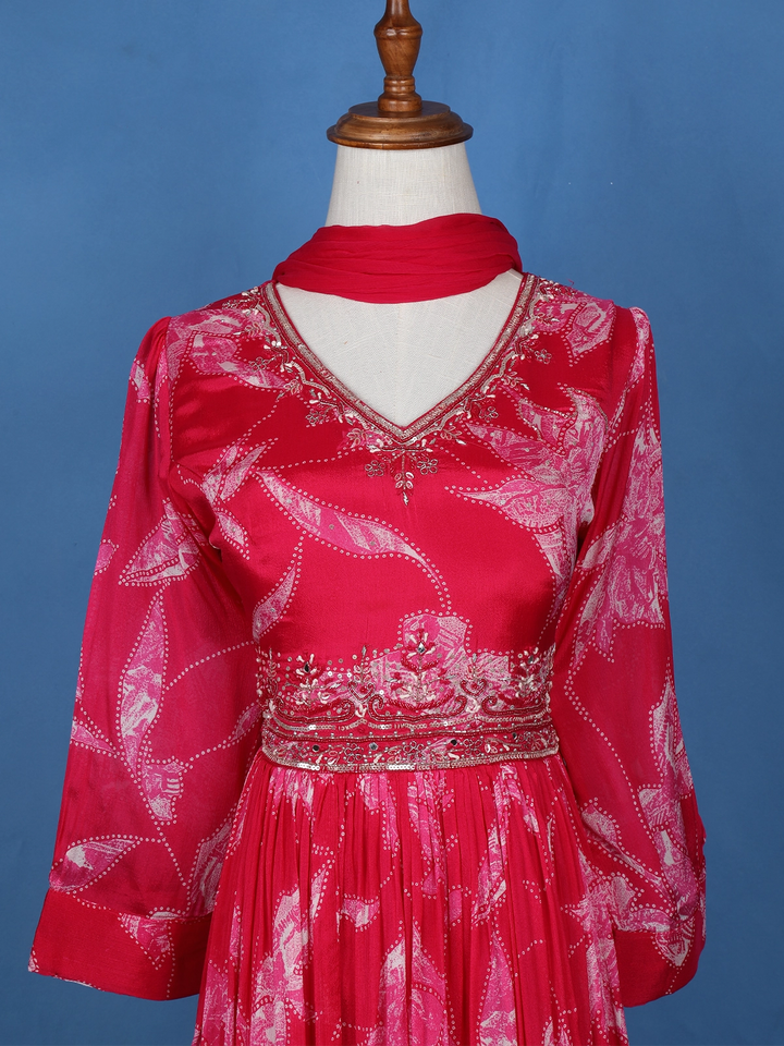 Queen Pink Floral Embroidery Crepe Gown - Diadem
