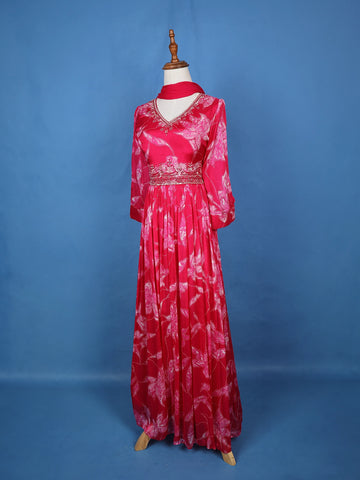 Queen Pink Floral Embroidery Crepe Gown - Diadem