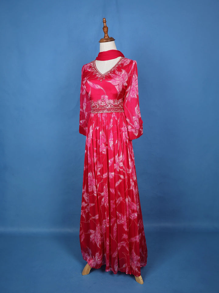 Queen Pink Floral Embroidery Crepe Gown - Diadem