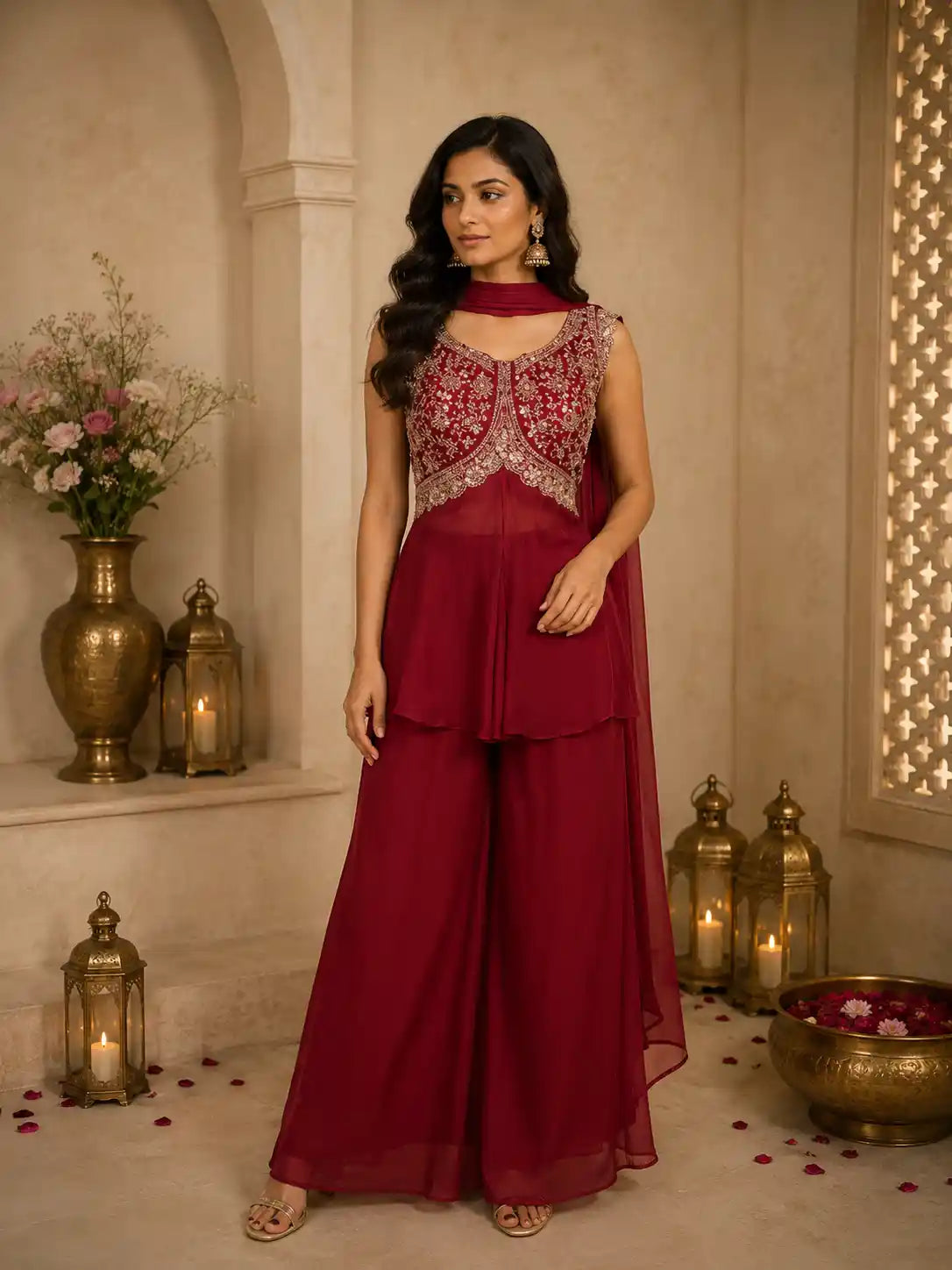Queen Pink Floral Sequins and Beads Embroidered Design Organza Palazzo Suit with Dupatta