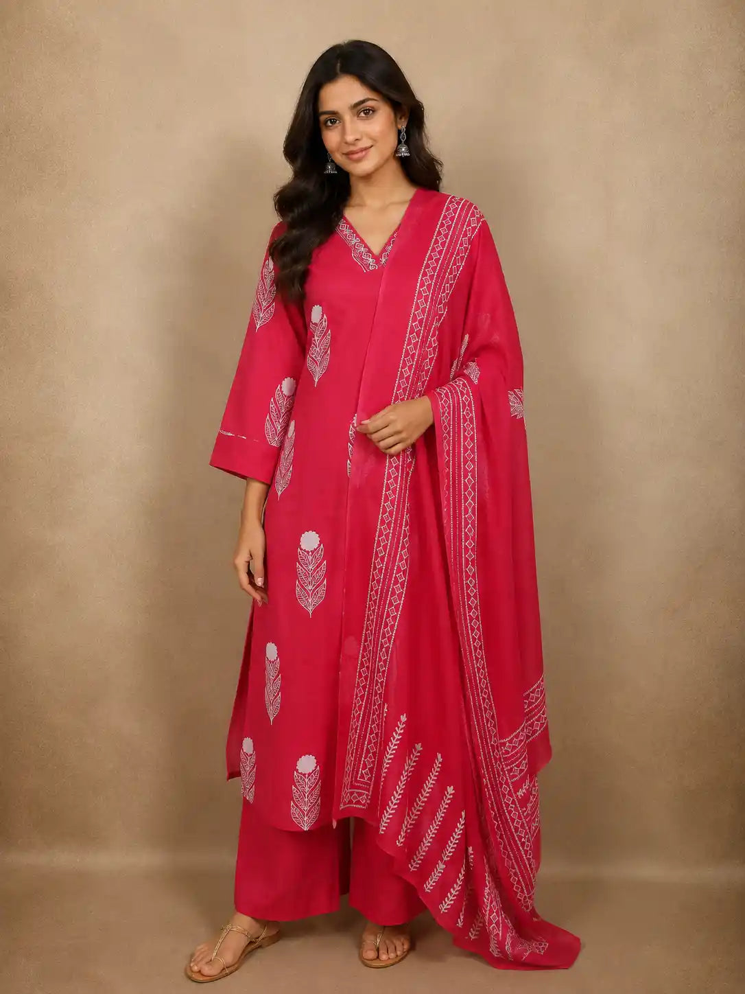 Queen Pink Floral Thread Embroidered Design Cotton Salwar Suit with Dupatta