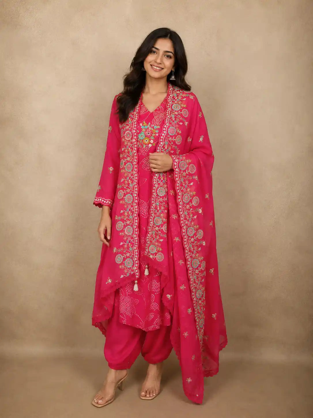Queen Pink Floral Thread Embroidered Design Crepe Silk Salwar Suit with Over Coat