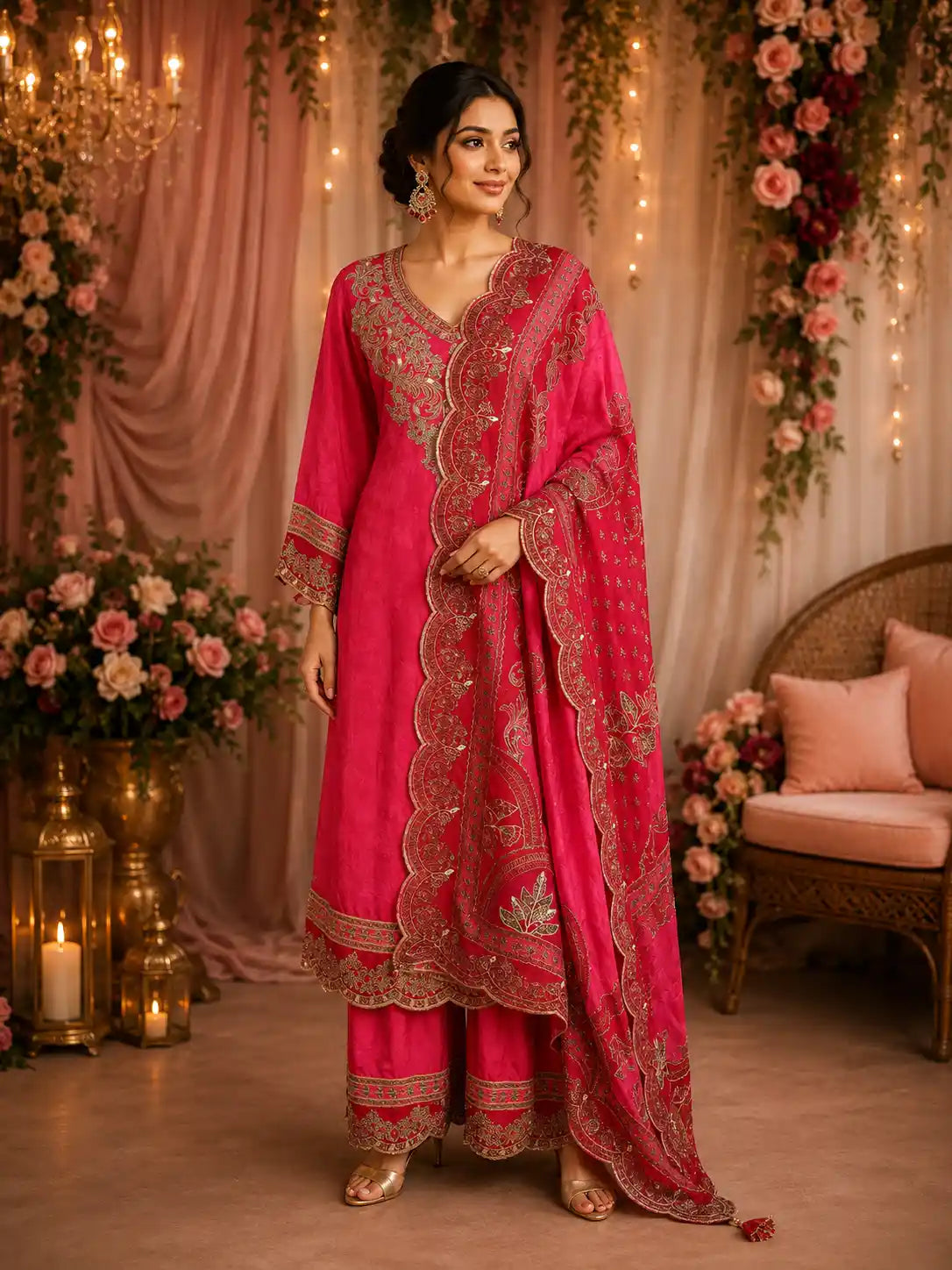 Queen Pink Floral Zari Embroidered Design Synthetic Palazzo Suit