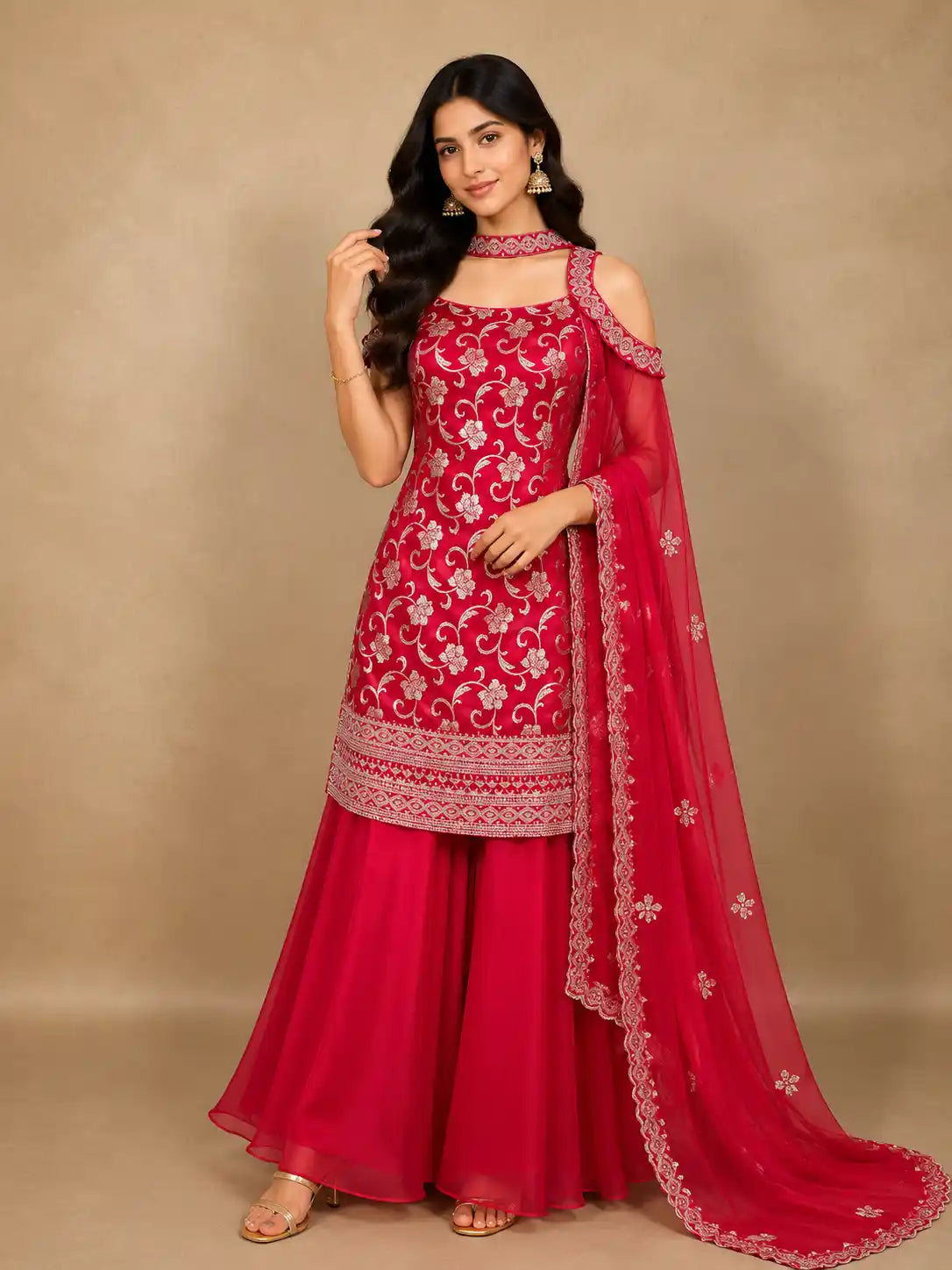 Queen Pink Floral Zari Woven Design Banarasi Silk Palazzo Suit with Choker Dupatta