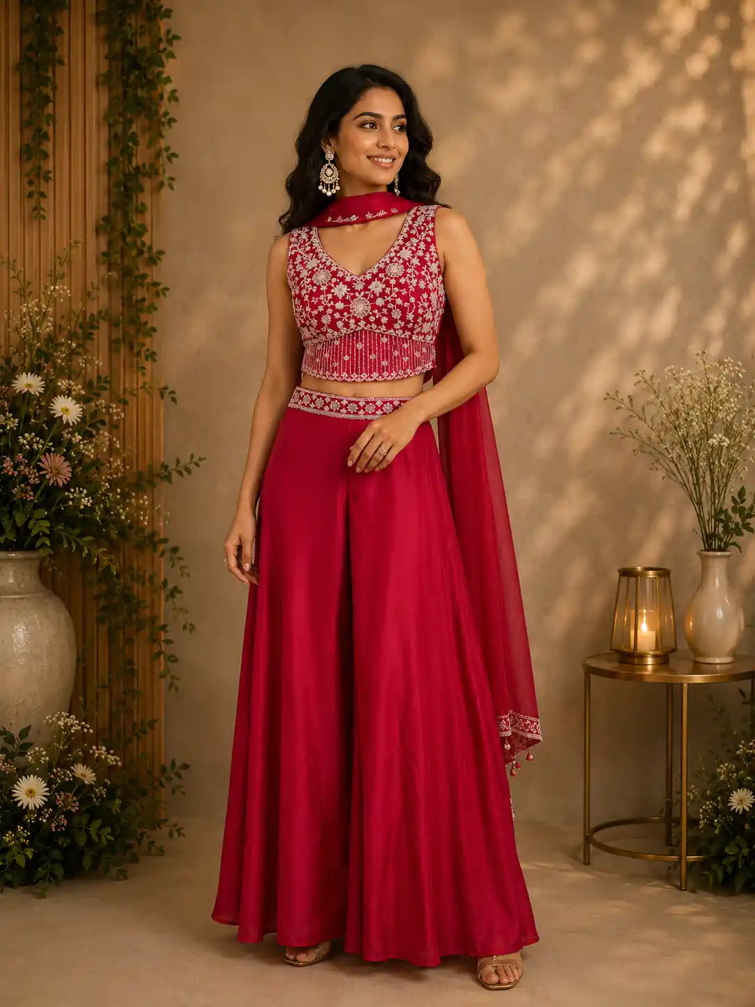 Queen Pink Heavy Sequins and Beads Embroidered Design Georgette Palazzo Suit with Dupatta