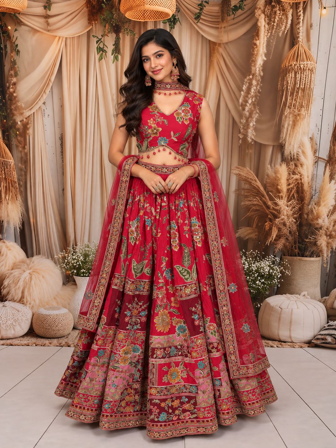 Queen Pink Multicolor Floral Sequins and Zari Embroidered Design Tussar Silk Party Lehenga with Matching Choker Dupatta