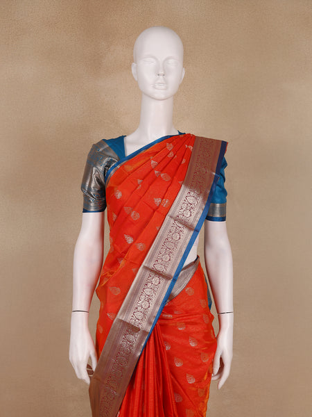 Radiant Orange Floral Motif Banarasi Silk Saree - Diadem