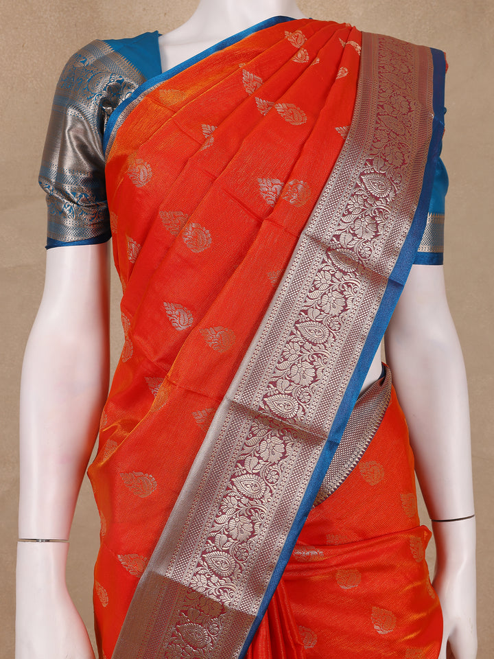Radiant Orange Floral Motif Banarasi Silk Saree - Diadem