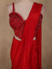 Radiant Scarlet Red Solid Design Satin Ready to Wear Draped Saree with Designer Blouse