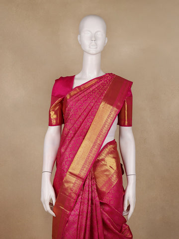 Rani Pink Floral Geometric Woven Pure Kanchipuram Silk Saree - Diadem