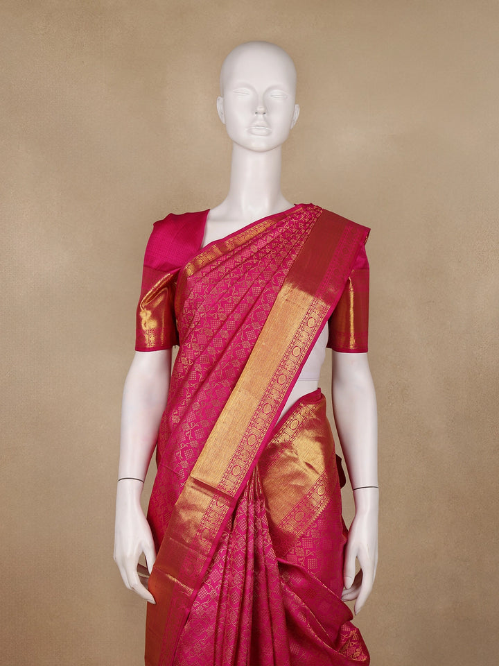 Rani Pink Floral Geometric Woven Pure Kanchipuram Silk Saree - Diadem