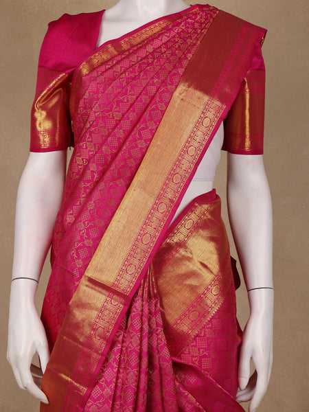 Rani Pink Floral Geometric Woven Pure Kanchipuram Silk Saree - Diadem