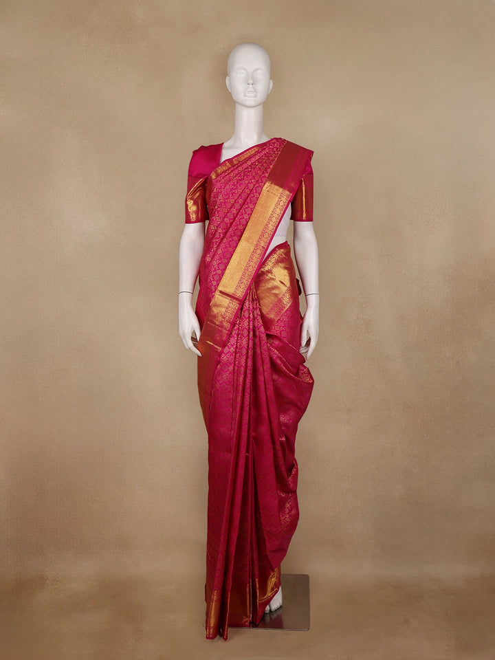 Rani Pink Floral Geometric Woven Pure Kanchipuram Silk Saree - Diadem