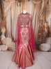 Rani Pink Floral Stone and Beads Embroidered Design Banarasi Silk Mermaid Fancy Lehenga with Designer Corset Blouse and Cape Sleeves