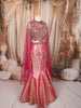 Rani Pink Floral Stone and Beads Embroidered Design Banarasi Silk Mermaid Fancy Lehenga with Designer Corset Blouse and Cape Sleeves