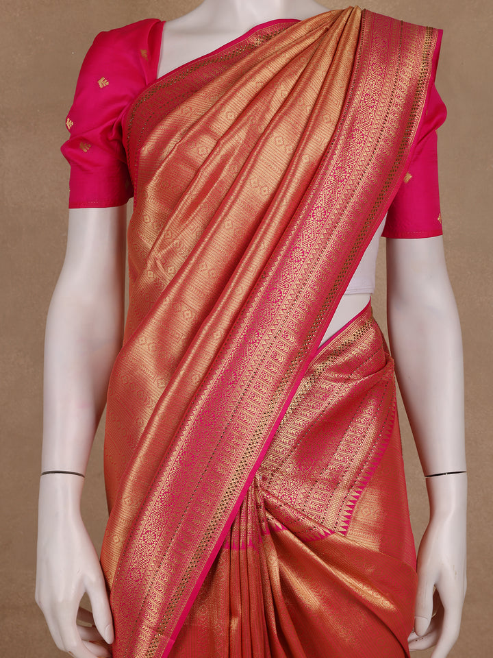 Rani Pink Geometric Design Tissue Saree - Diadem