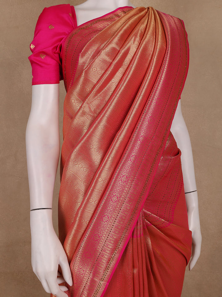 Rani Pink Geometric Design Tissue Saree - Diadem