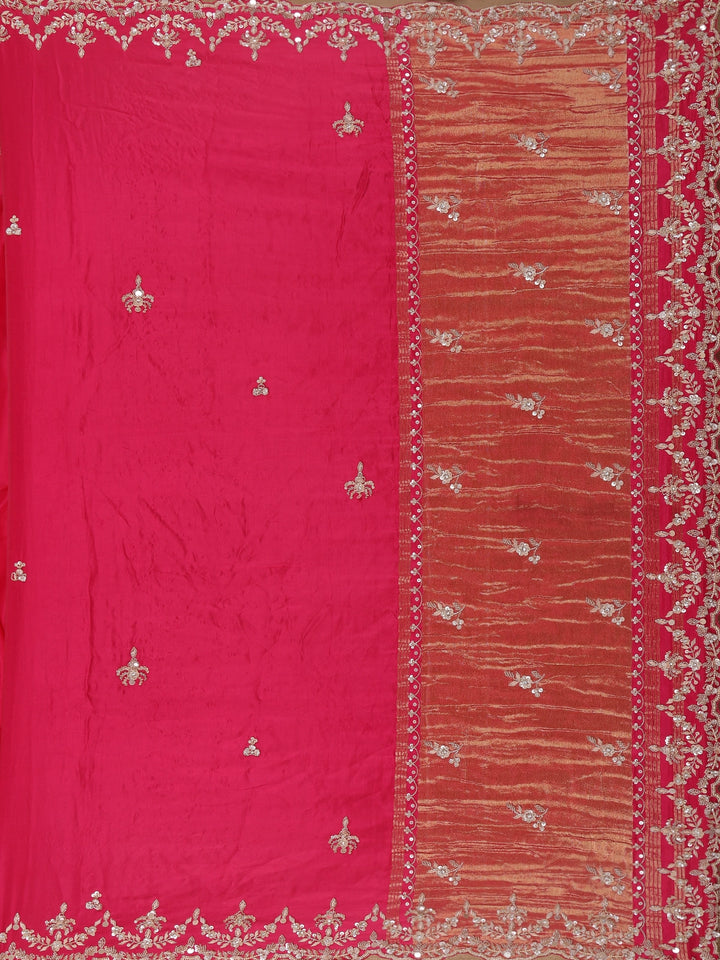 Rani Pink Sequin Emroidered Satin Saree - Diadem