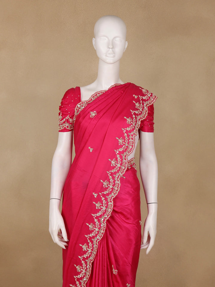 Rani Pink Sequin Emroidered Satin Saree - Diadem