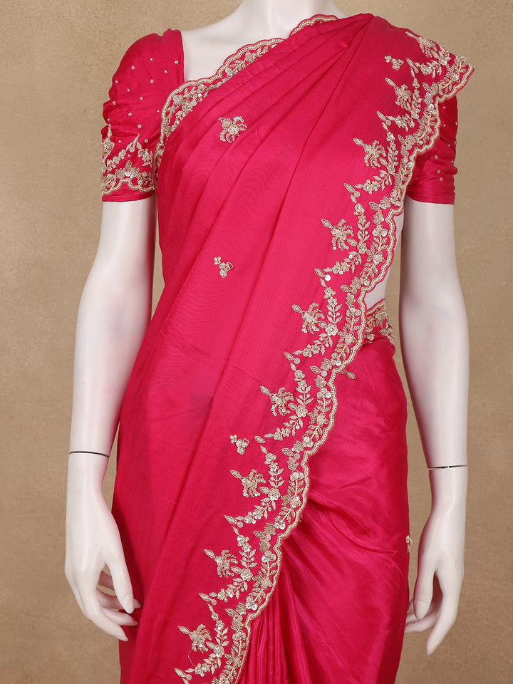 Rani Pink Sequin Emroidered Satin Saree - Diadem