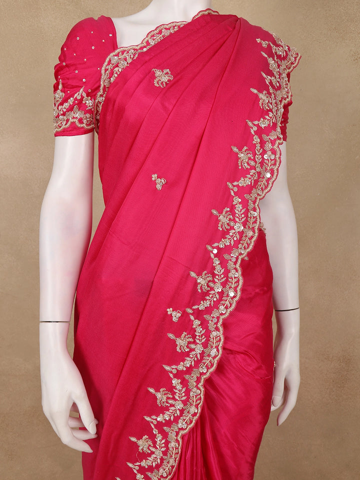 Rani Pink Sequin Emroidered Satin Saree - Diadem