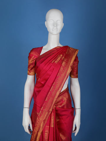 Rani Pink Woven Gold Zari Temple Border Kanchipuram Silk Saree - Diadem