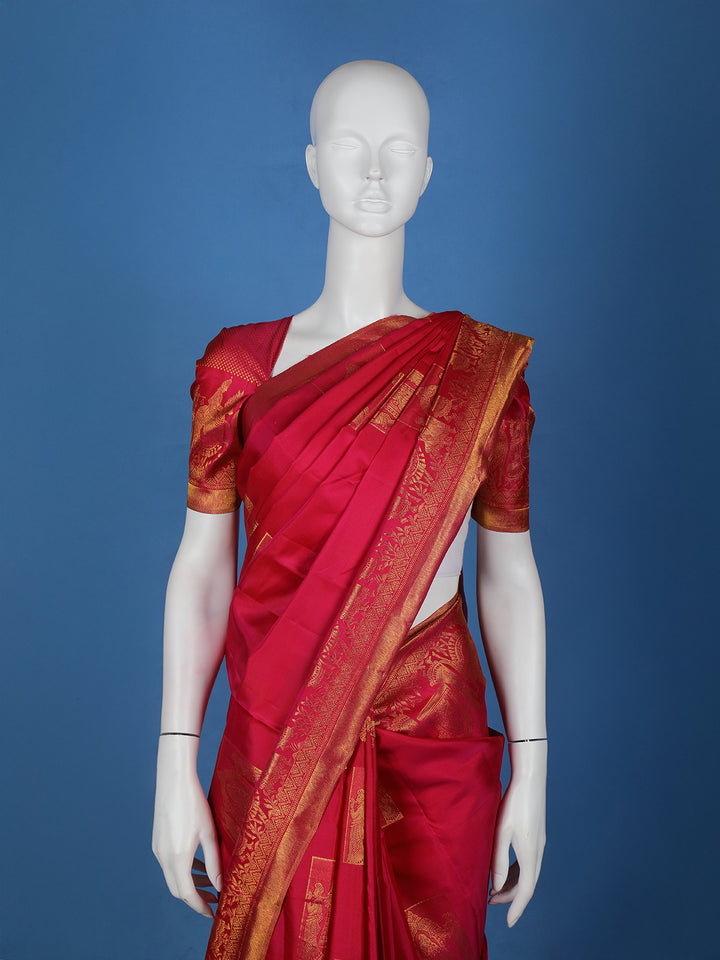 Rani Pink Woven Gold Zari Temple Border Kanchipuram Silk Saree - Diadem
