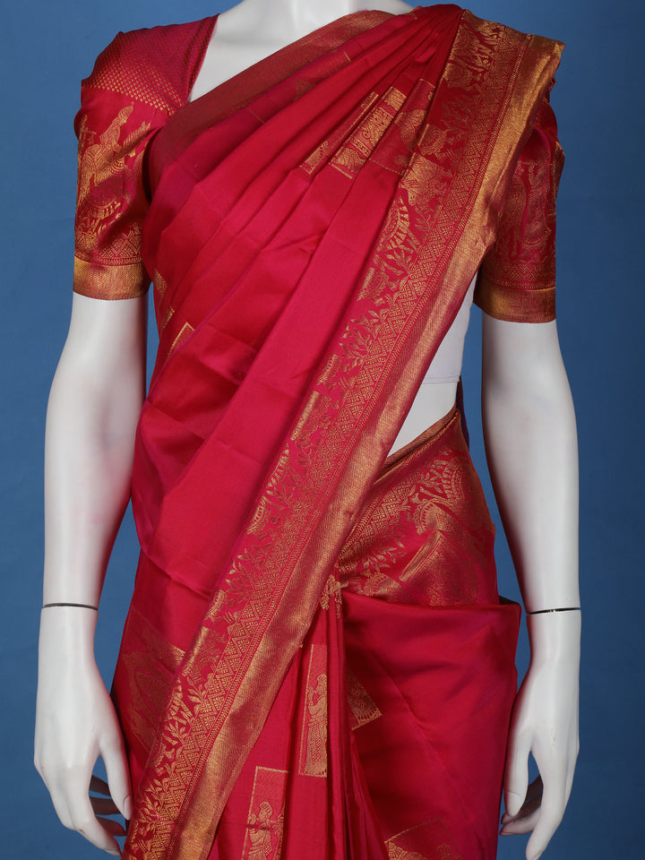 Rani Pink Woven Gold Zari Temple Border Kanchipuram Silk Saree - Diadem