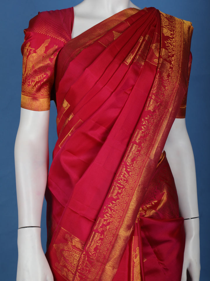 Rani Pink Woven Gold Zari Temple Border Kanchipuram Silk Saree - Diadem