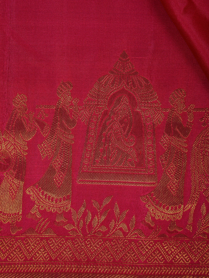 Rani Pink Woven Gold Zari Temple Border Kanchipuram Silk Saree - Diadem