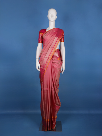 Rani Pink Floral Design Zari Border Silk Saree - Diadem