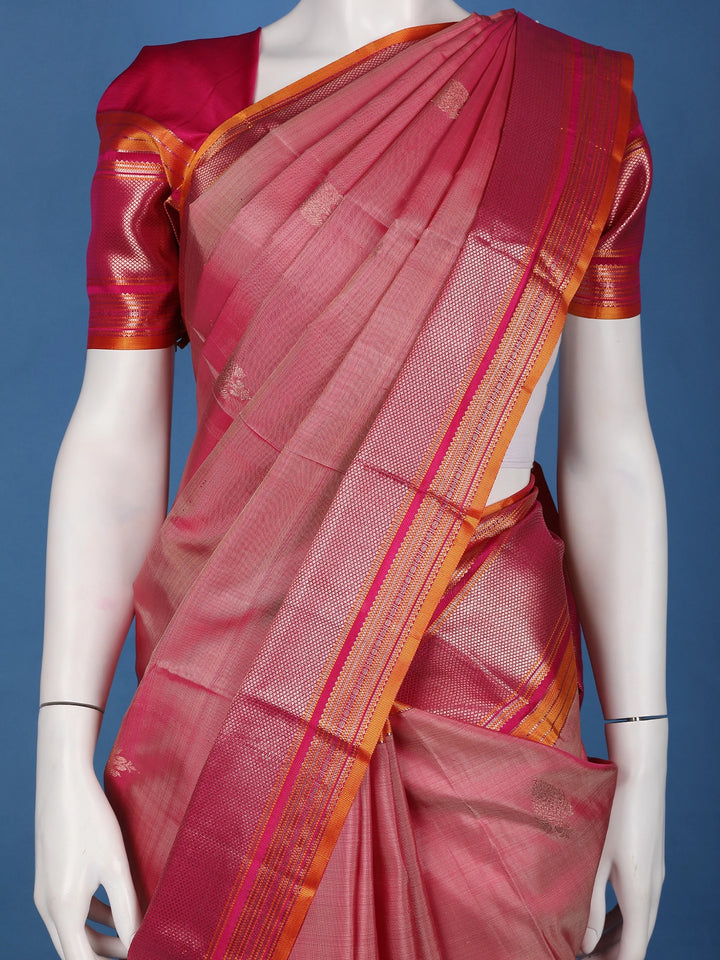 Rani Pink Floral Design Zari Border Silk Saree - Diadem