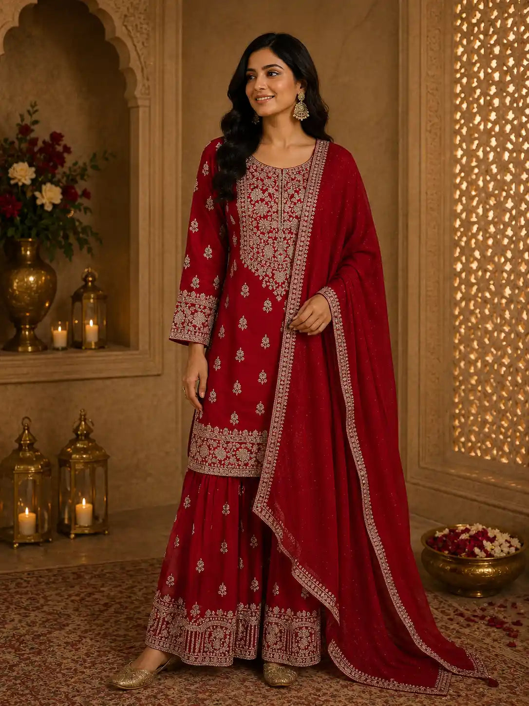 Rani Pink Floral Embroidered and Stone Embellished Design Georgette Palazzo Suit with Dupatta