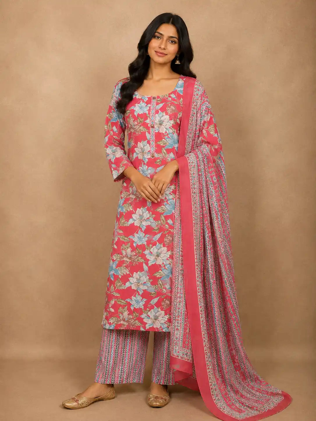 Rani Pink Floral Printed Design Cotton Straight Cut Salwar Suit
