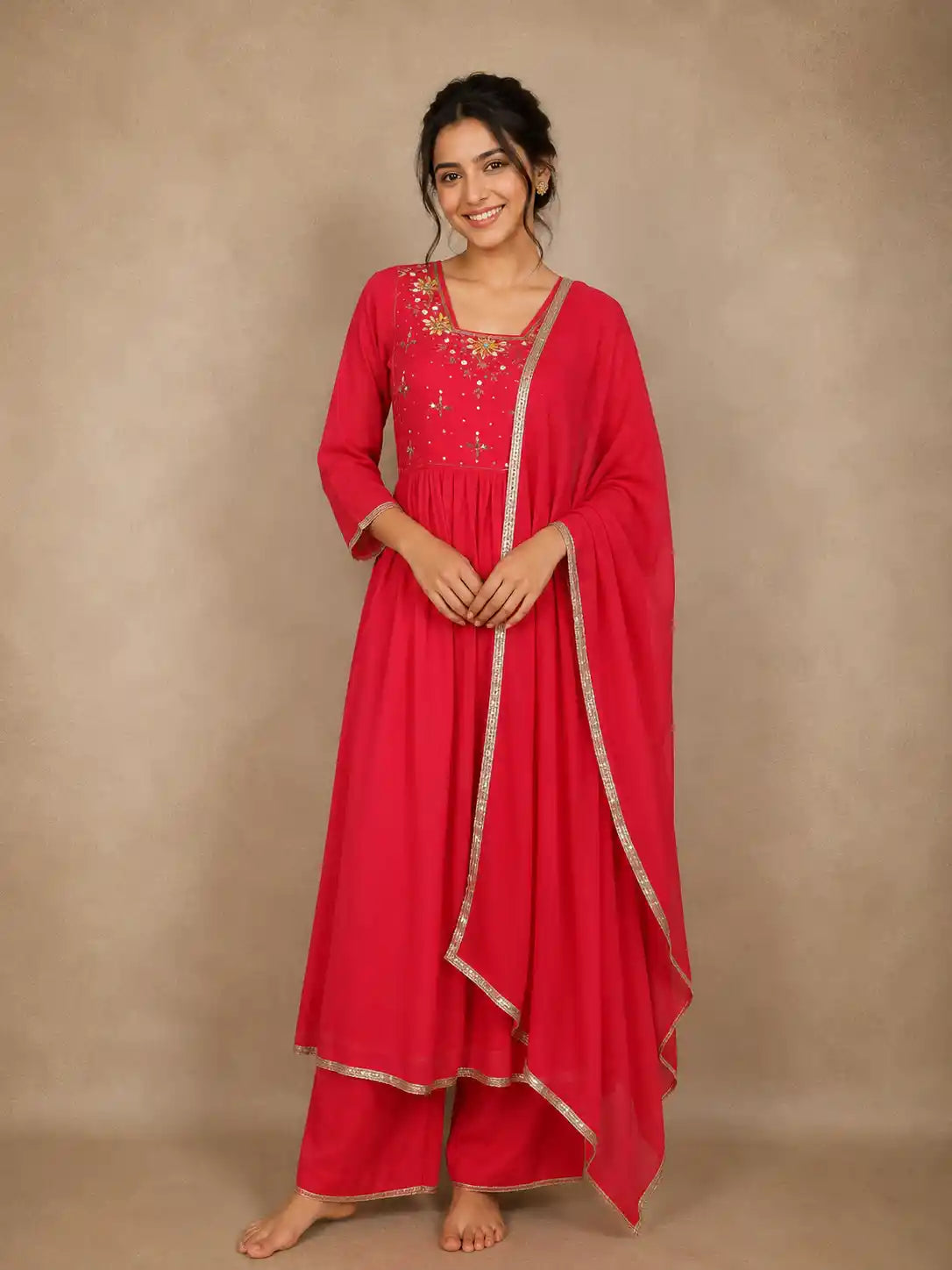 Rani Pink Floral Sequins Embroidered Cotton Salwar Suit with Dupatta